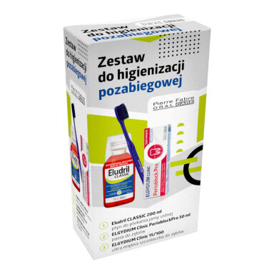 ELUDRIL zestaw pozabiegowy PERIOBLOCK - zestaw zawiera płyn Eludril Classic 200ml + pastę do zębów PerioBlock 50ml + szczoteczkę Clinic 15/100